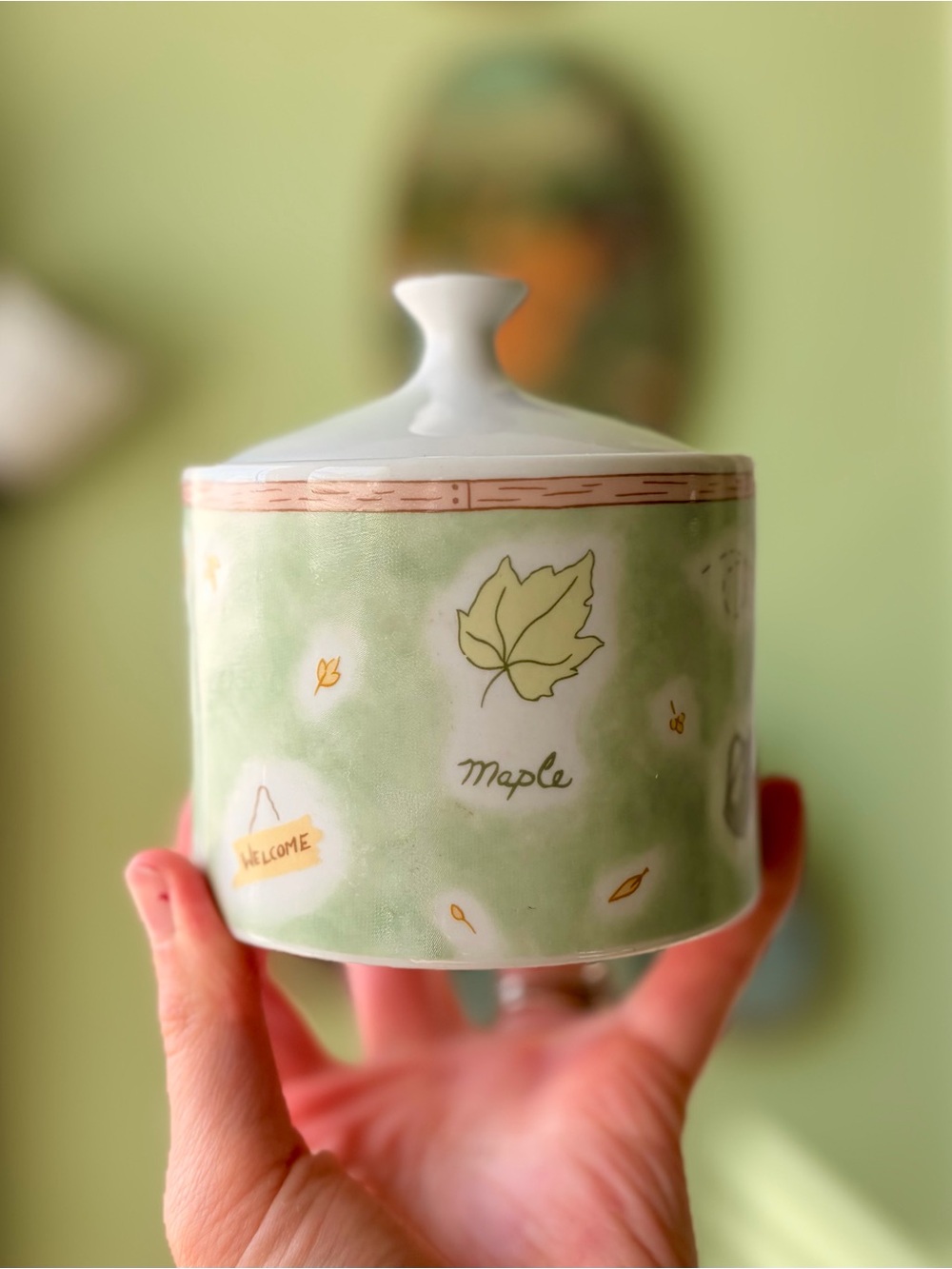 Maple Leaf Green Ceramic Vintage Mini Sugar Holder Canister with Lid